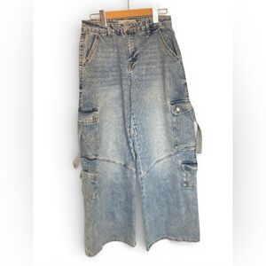 Love‎ Cult Cargo Jeans Size 5 Denim Y2K Utility Wide Leg Baggy Light Wash